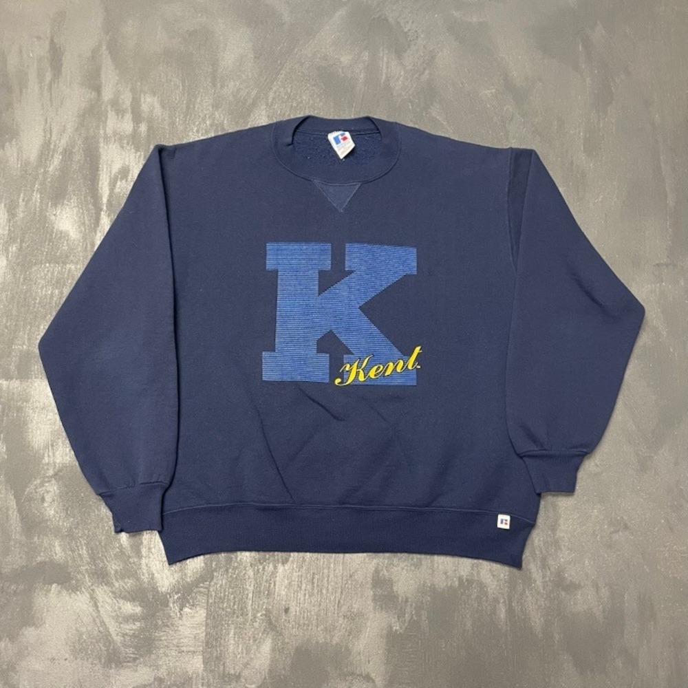 Vintage Kent Graphic Crewneck Sweatshirt Mens XL Navy Blue‎ 90s Russell Athletic